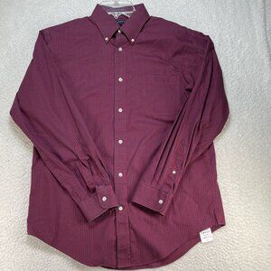 Lands End Shirt Mens Large 16-34 Red Blue Check Tailored Fit No Iron Oxford
